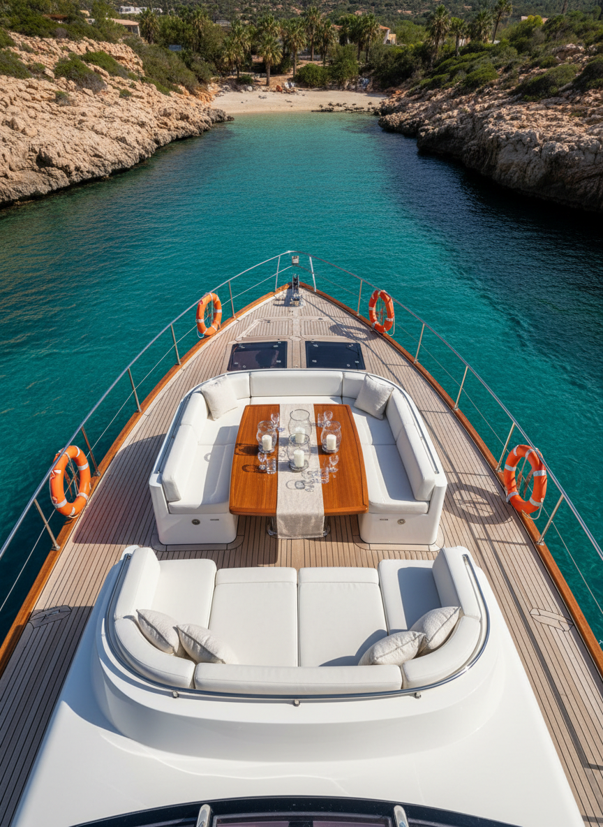 The deck of the 16.5m Barco Bichardo viewed from above, showcasing its generous layout for charters and events. Teak decking runs the length of the boat, with pristine white cushions arranged around a central outdoor table styled with neutral-toned nautical decor and crystal-clear glassware. Discreet safety rails, lifelines, and visible life rings are neatly integrated along the sides. The yacht is anchored in a serene turquoise cove framed by rocky coastline. Soft midday sunlight from a clear sky creates crisp shadows and vivid reflections on the water. Photographic realism with a bird’s-eye composition and sharp focus throughout, evoking a refined yet relaxed atmosphere.