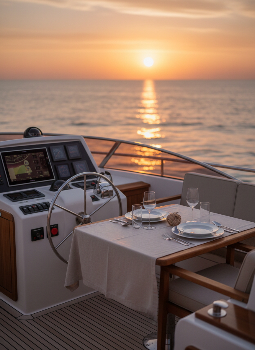 A refined "experiences" scene on the Barco Bichardo’s stern terrace, captured without any people present. A spacious teak cockpit features an elegant, well-organized helm with polished stainless-steel wheel, modern navigation instruments, and clearly labeled safety controls. A beautifully set table with understated nautical accents sits nearby, suggesting a private charter dinner. Beyond, the open sea glistens in the low, warm light of sunset, casting a golden path across gentle waves. Photographic realism, shot at eye level with a shallow depth of field that keeps the cockpit crisp while softly blurring the horizon, creating an intimate, sophisticated, and inviting mood.