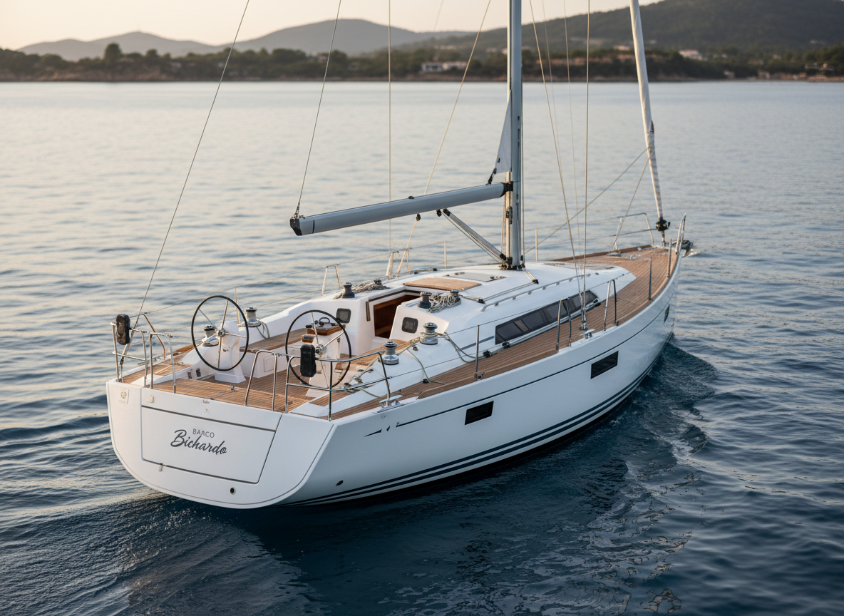 A sleek 16.5m sailing yacht named Barco Bichardo cutting smoothly through calm, deep-blue Mediterranean water, its white hull immaculate and polished. Stainless-steel rails gleam along the deck, teak wood surfaces are perfectly maintained, and neatly coiled ropes suggest expert seamanship. In the background, a low, elegant coastline with subtle hills appears slightly blurred. Late afternoon golden-hour sunlight creates a warm glow on the sails and soft reflections on the water. Photographic realism from a slightly elevated three-quarter angle, with sharp focus on the yacht and gentle bokeh on the horizon, conveying sophistication, safety, and exclusivity without any people on board.