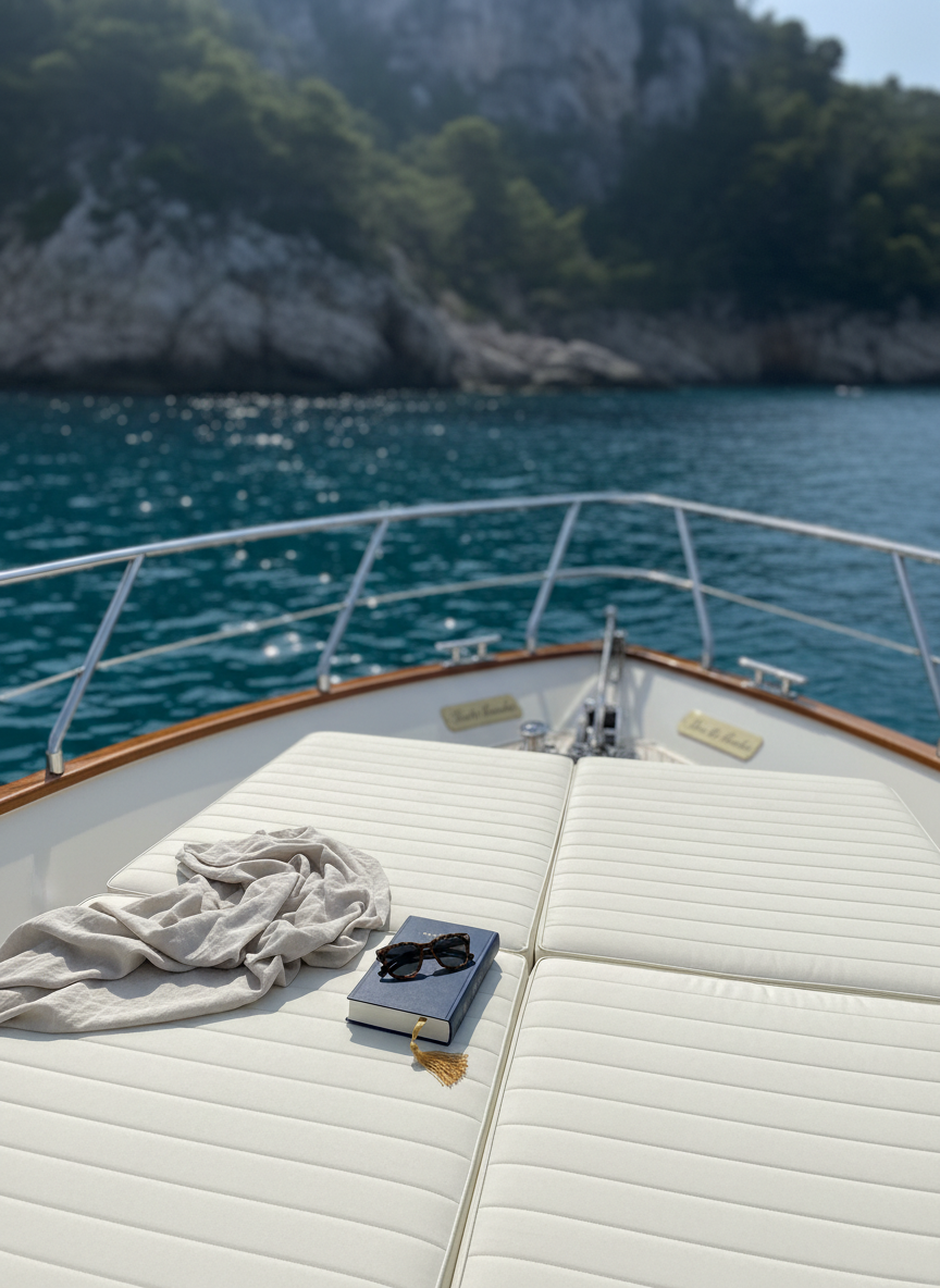 A serene "guest moments" scene aboard the Barco Bichardo, carefully composed without any people. On the bow, thick white sun pads are arranged with precision, a light linen throw draped casually, and a closed hardback book with a stylish bookmark lies beside a pair of neatly placed sunglasses. The yacht floats in luminous turquoise water near a secluded bay with distant cliffs softly blurred. Late-morning sunlight sparkles across the sea and creates soft highlights on the cushions and metal fittings. Photographic realism from a low angle looking toward the bow, with shallow depth of field to emphasize the lounging area, evoking relaxation, privacy, and understated luxury.