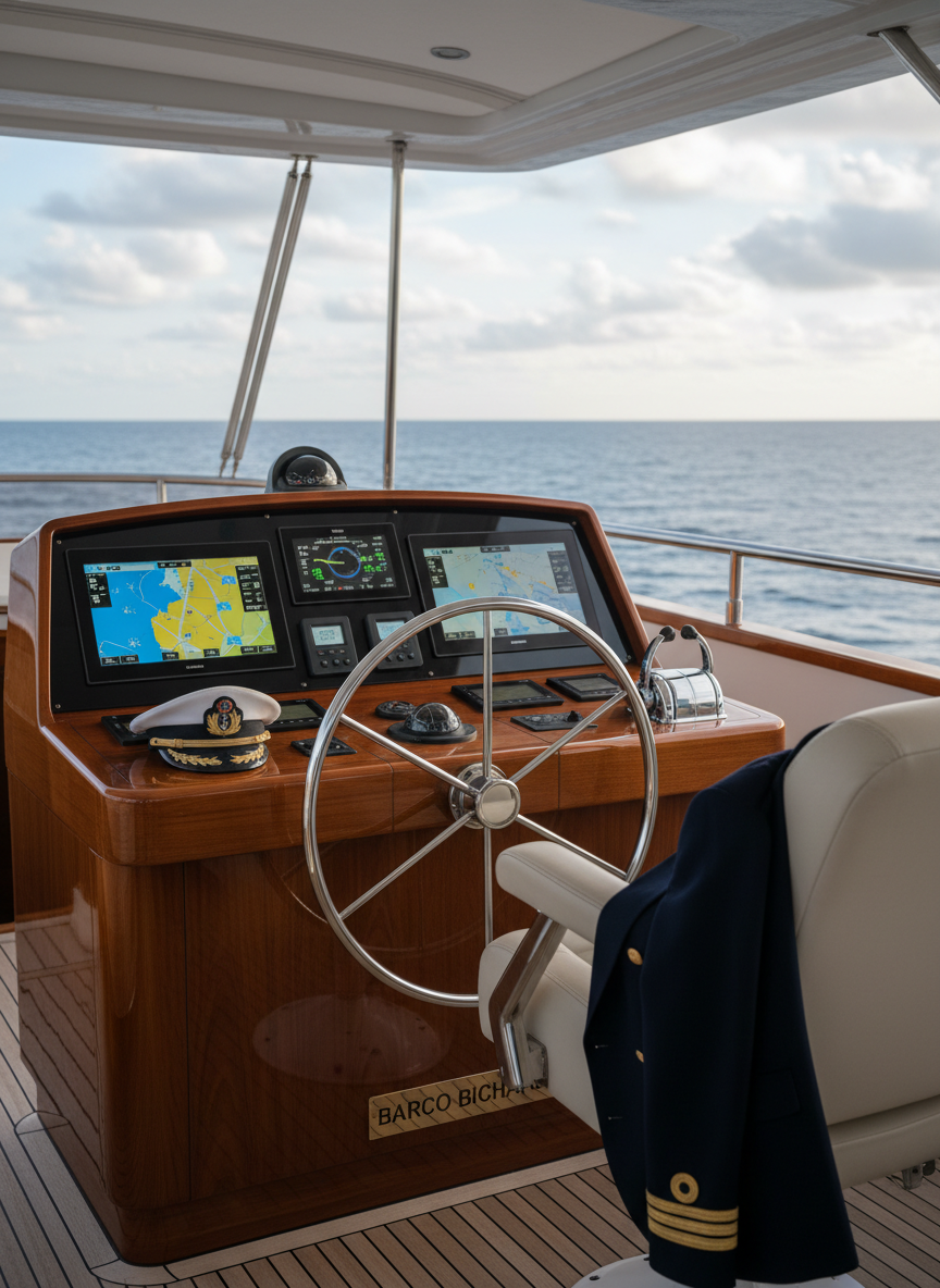 A sophisticated "captain and crew" concept image for Barco Bichardo, created without showing any people. The polished helm station dominates the foreground: a large stainless-steel wheel, glossy varnished console with modern digital instruments, a neatly folded navy-blue captain’s jacket placed over the seat, and a classic captain’s cap resting on the console as a symbolic stand-in. Behind, the yacht’s stern opens to a calm, open sea under soft, slightly overcast light that gently diffuses shadows. Photographic realism, eye-level composition with moderate depth of field, creating a calm, authoritative atmosphere that suggests experienced, attentive service without human figures.