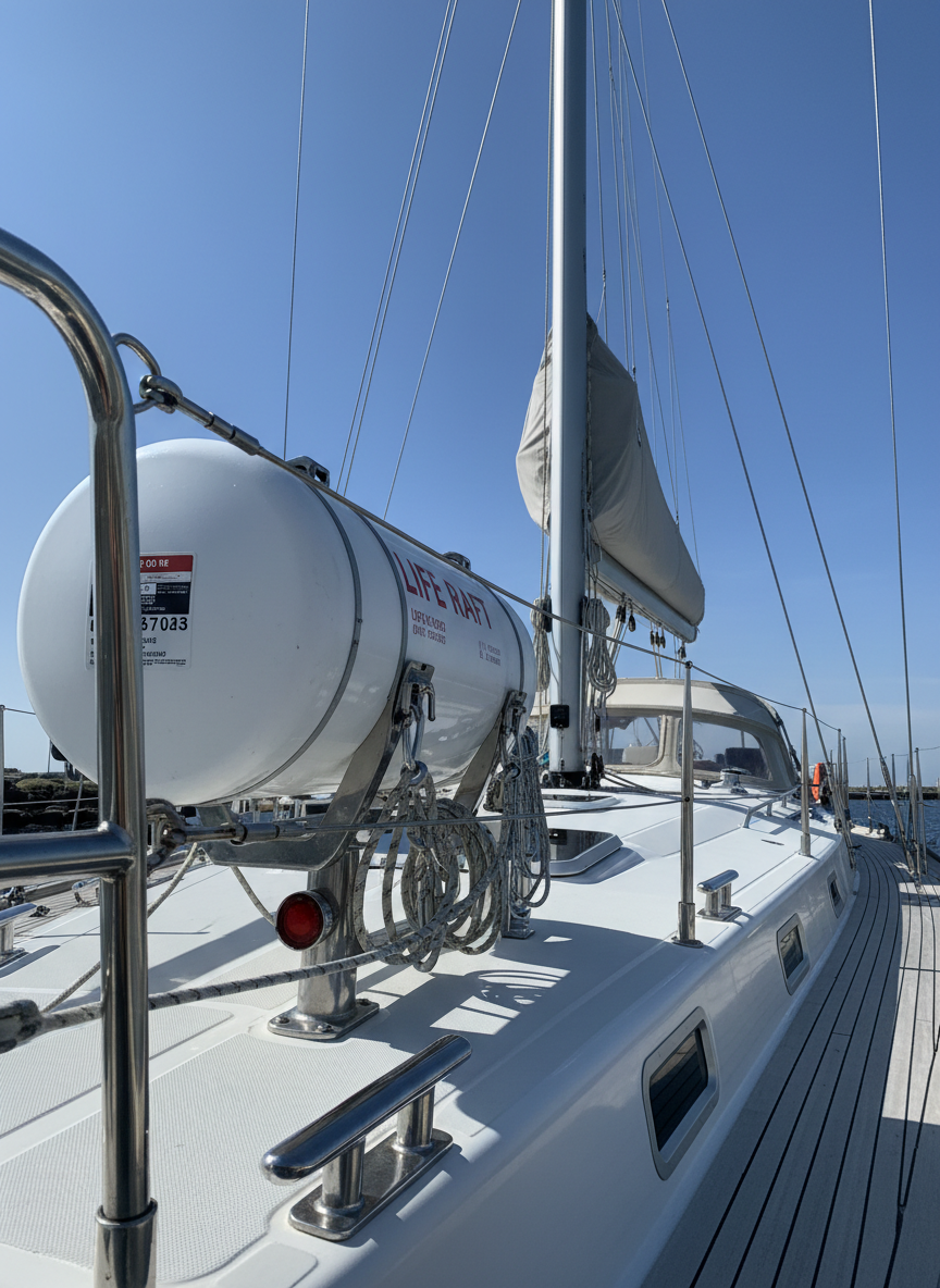 A detailed "boat specs and safety" close-up on the Barco Bichardo, focusing on reassuring technical elements. The photographic frame captures the side deck with its robust stainless-steel stanchions, neatly tensioned lifelines, and non-slip textured decking. A clearly visible life raft canister, safety lines, and elegantly integrated navigation lights reinforce professionalism. In the background, the mast, rigging, and part of the sail rise cleanly against a clear blue sky. Bright, natural daylight highlights every material and surface, creating crisp reflections on metal and subtle shadows along the hull. Shot from a low-angle perspective running forward along the deck, with sharp focus throughout, emphasizing reliability and meticulous maintenance.